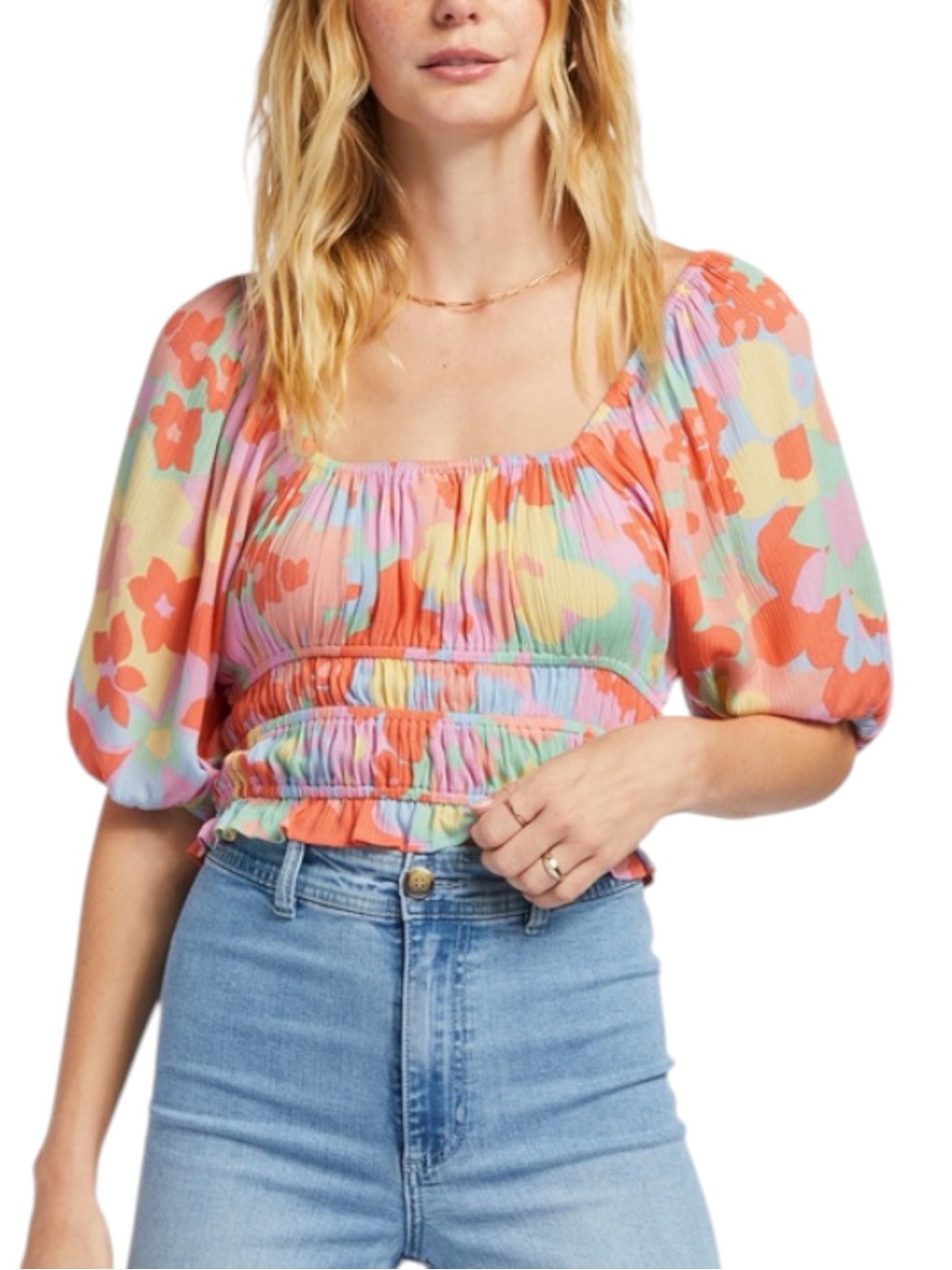 Bilabong Keep Dreaming Floral Crinkle Smocked Crop Top Boho Festival Beachy M